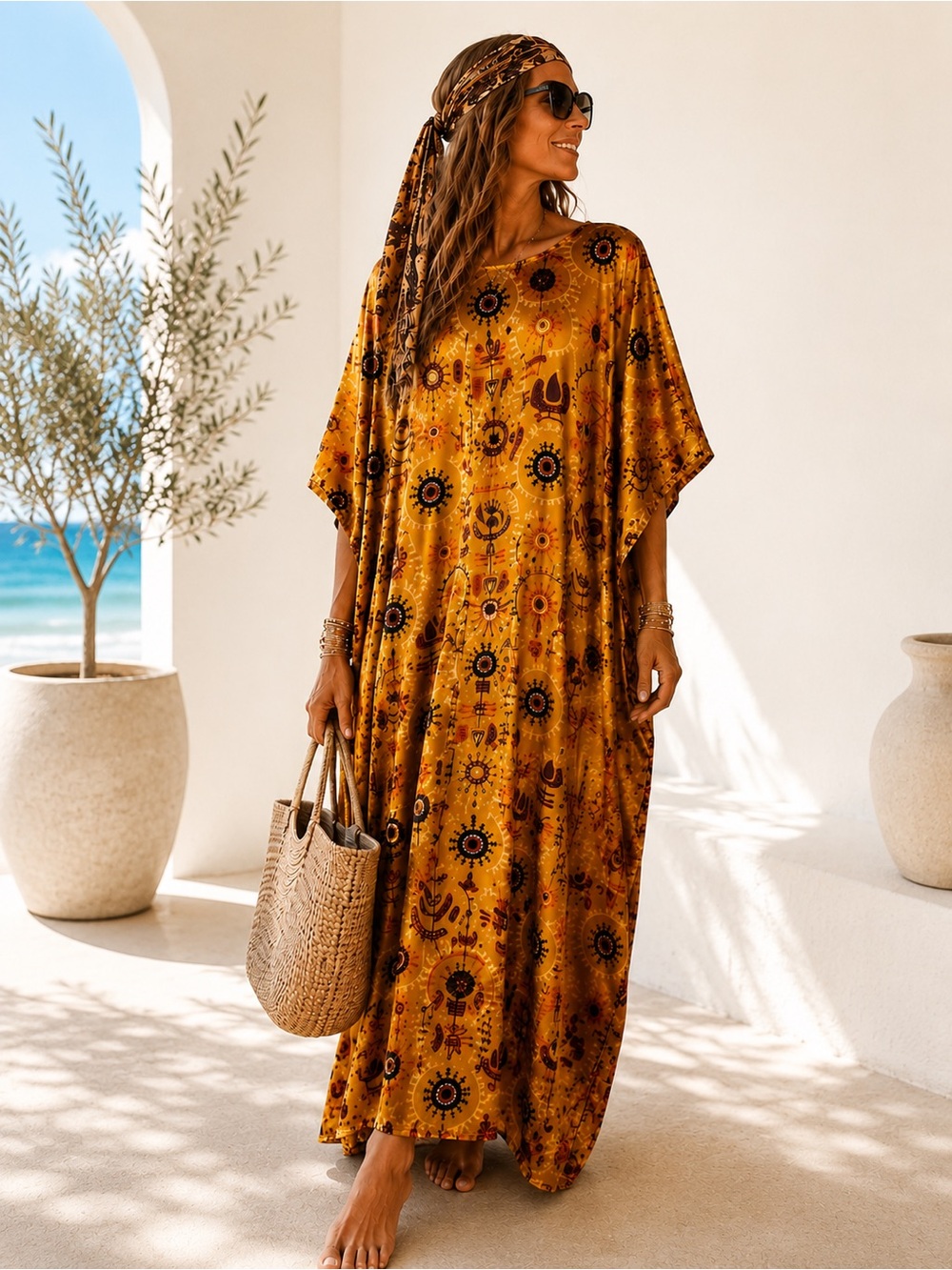 GOLDEN OCHRE ABSTRACT PRINT SATIN KAFTAN | BOHO | ONE SIZE